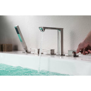 Anzzi Shore 3-Handle Deck-Mount Roman Tub Faucet with Handheld Sprayer - Brushed Nickel Finish - Roman Tub Faucet Handle - Extendable Handheld Sprayer - FR-AZ102 - Lifestyle - Vital Hydrotherapy