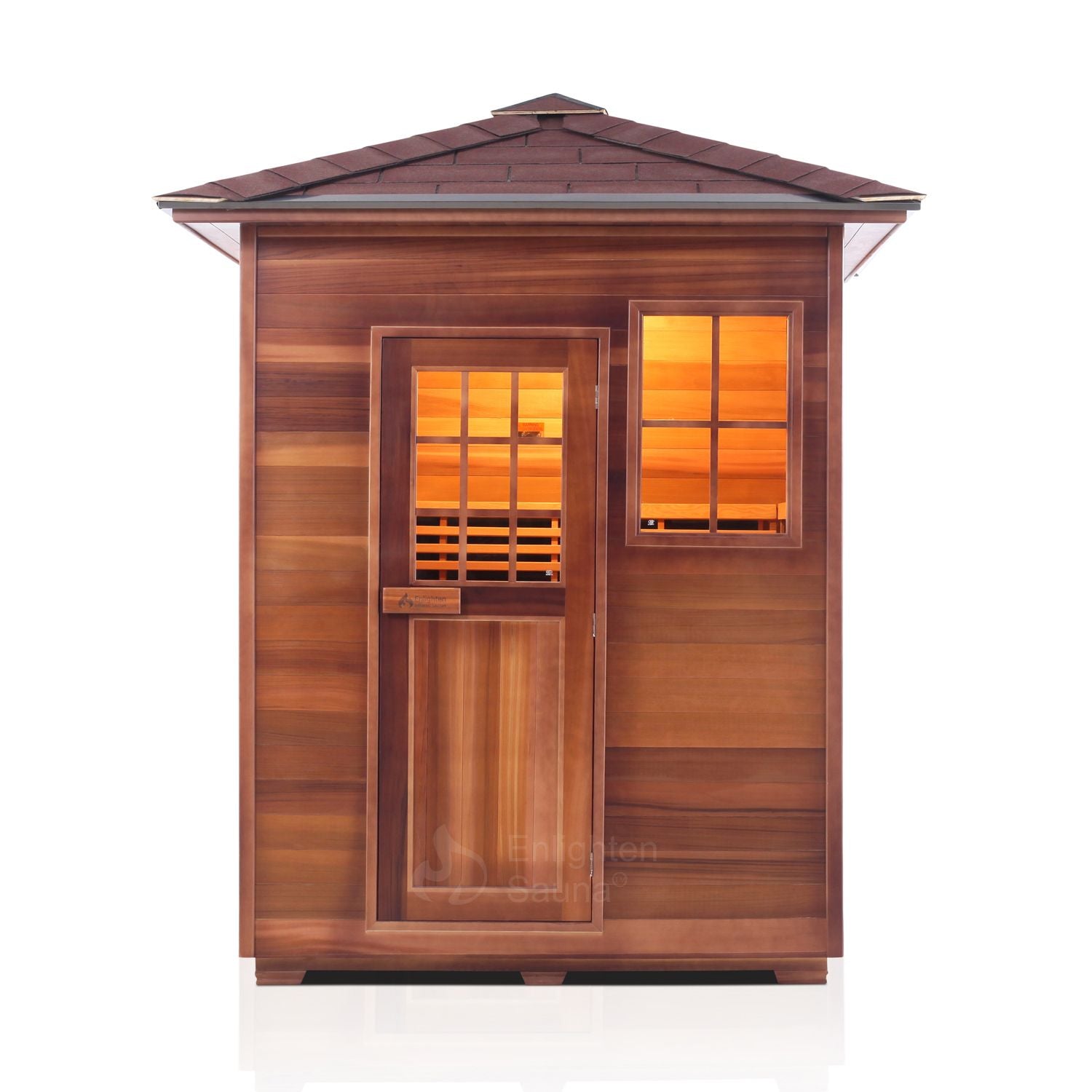Enlighten Sauna InfraNature Original Infrared Outdoor West Canadian red cedar inside and out 3 person sauna with peak roof front view