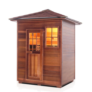 Enlighten Sauna InfraNature Original Infrared Outdoor West Canadian red cedar inside and out 3 person sauna with peak roof