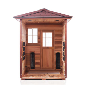 Enlighten Sauna InfraNature Original Infrared Outdoor West Canadian red cedar inside and out 3 person sauna with peak roof partial inside view