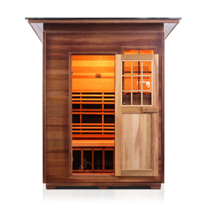 Enlighten Sauna InfraNature Original Infrared Outdoor West Canadian red cedar inside and out 3 person sauna open door with slope roof 