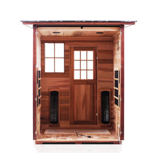 Enlighten Sauna InfraNature Original Infrared Outdoor West Canadian red cedar inside and out 3 person sauna with slope roof partial inside view