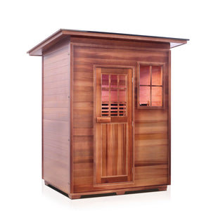 Enlighten Sauna InfraNature Original Infrared Outdoor West Canadian red cedar inside and out 3 person sauna open door with slope roof isometric view