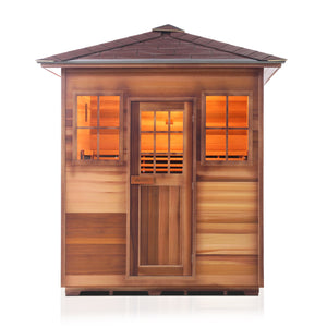 Enlighten Sauna InfraNature Original Infrared Outdoor Canadian red cedar inside and out 4 person sauna with peak roof front view