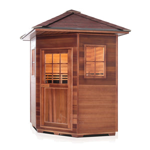 Enlighten Sauna InfraNature Original Infrared Outdoor Canadian red cedar inside and out with peak roof isometric view