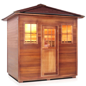 Enlighten Sauna InfraNature Original Infrared Outdoor Canadian red cedar inside and out 5 person sauna peak roofed isometric view