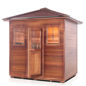 Enlighten Sauna InfraNature Original Infrared Outdoor Canadian red cedar inside and out 5 person sauna peak roofed isometric view