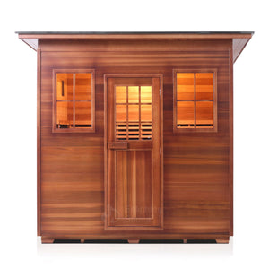 Enlighten Sauna InfraNature Original Infrared Outdoor Canadian red cedar inside and out 5 person sauna slope roofed front view