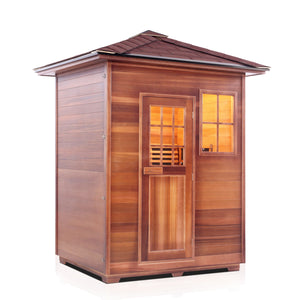 Enlighten Sauna InfraNature Original Infrared Outdoor West Canadian red cedar inside and out 3 person sauna with peak roof side view