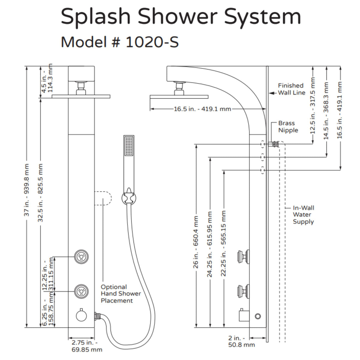 PULSE ShowerSpas Silver ABS Shower System - Splash Shower System 1020-S Specification Drawing - Vital Hydrotherapy