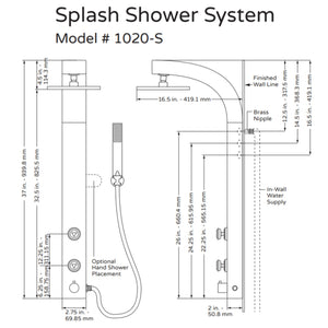 PULSE ShowerSpas Silver ABS Shower System - Splash Shower System 1020-S Specification Drawing - Vital Hydrotherapy