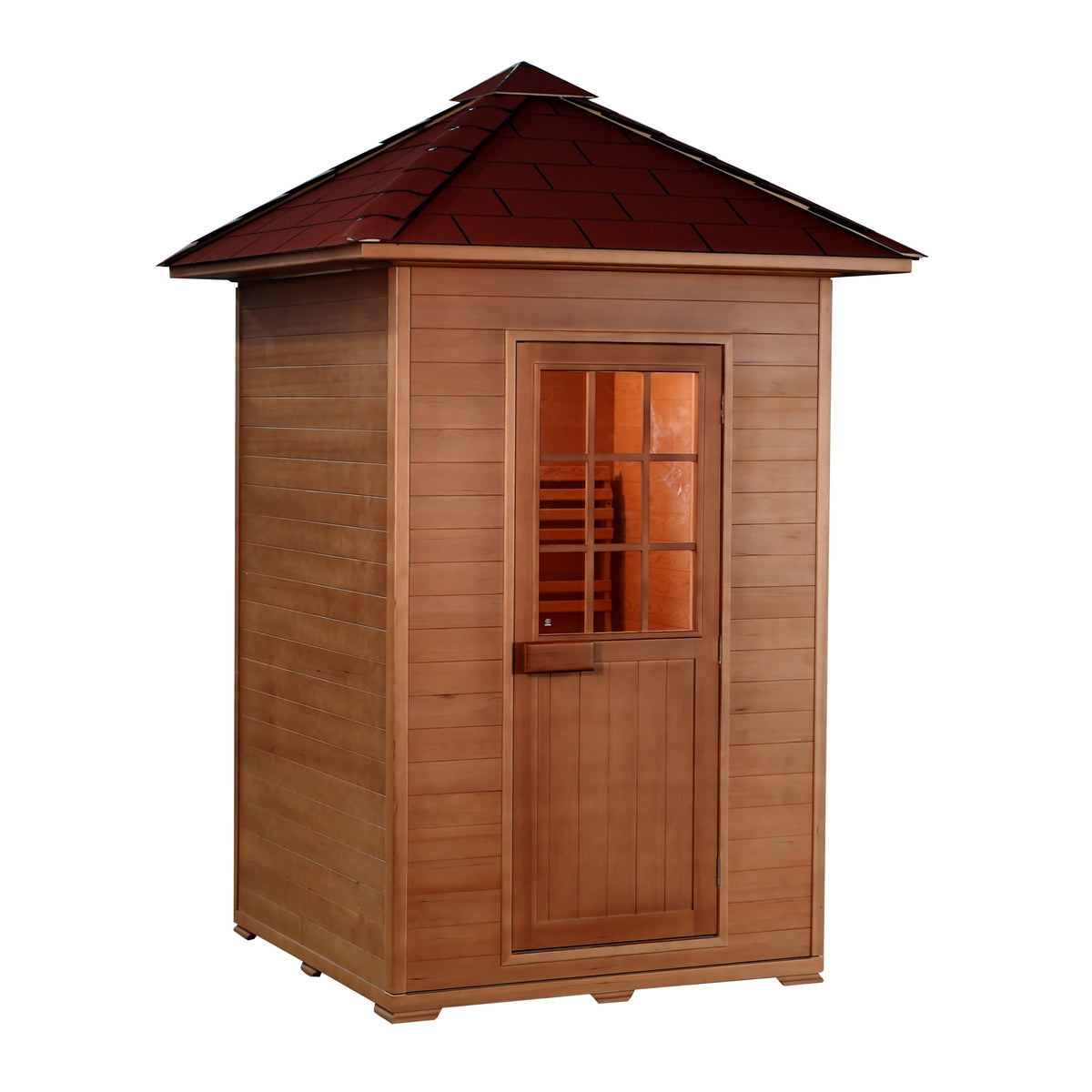 SunRay Eagle 2-Person Outdoor Traditional Sauna - Canadian hemlock wood with shingled roof- Closed door - HL200D1 Eagle - Isometric view