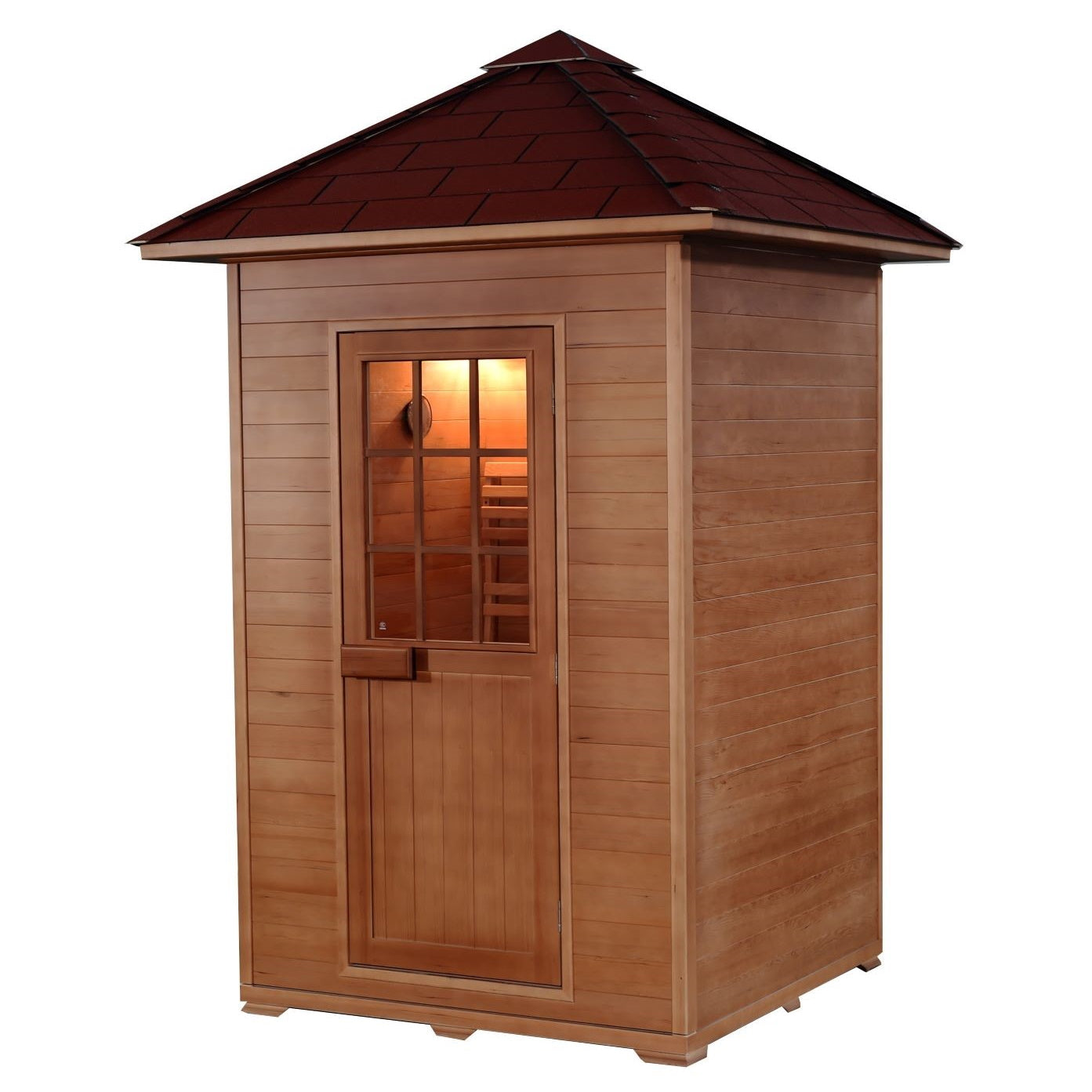 SunRay Eagle 2-Person Outdoor Traditional Sauna  - Canadian hemlock wood with shingled roof- Closed door - HL200D1 Eagle - Isometric view
