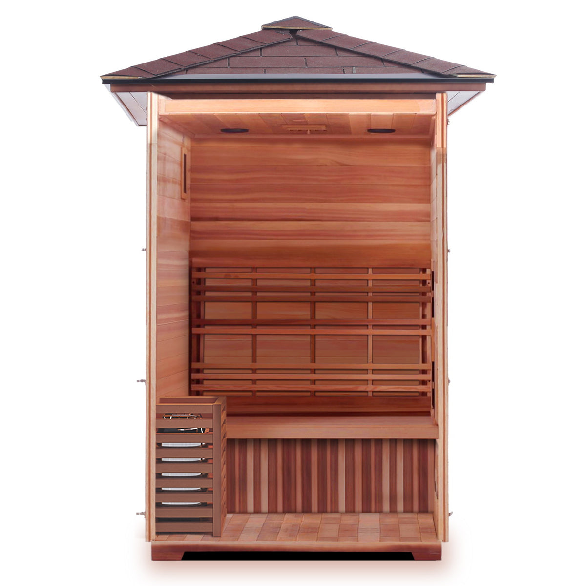 SunRay Eagle 2-Person Outdoor Traditional Sauna - Canadian hemlock wood with shingled roof, 4.5 kW Electric Heater - Inside view