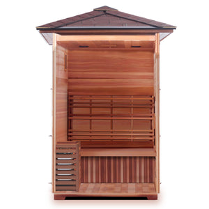 SunRay Eagle 2-Person Outdoor Traditional Sauna - Canadian hemlock wood with shingled roof, 4.5 kW Electric Heater - Inside view