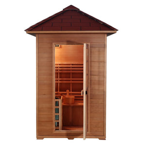 SunRay Eagle 2-Person Outdoor Traditional Sauna - Canadian hemlock wood with shingled roof, wide bench seat, 4.5 kW Electric Heater, cask & spoon  - HL200D1 Eagle - Open door - Front  view