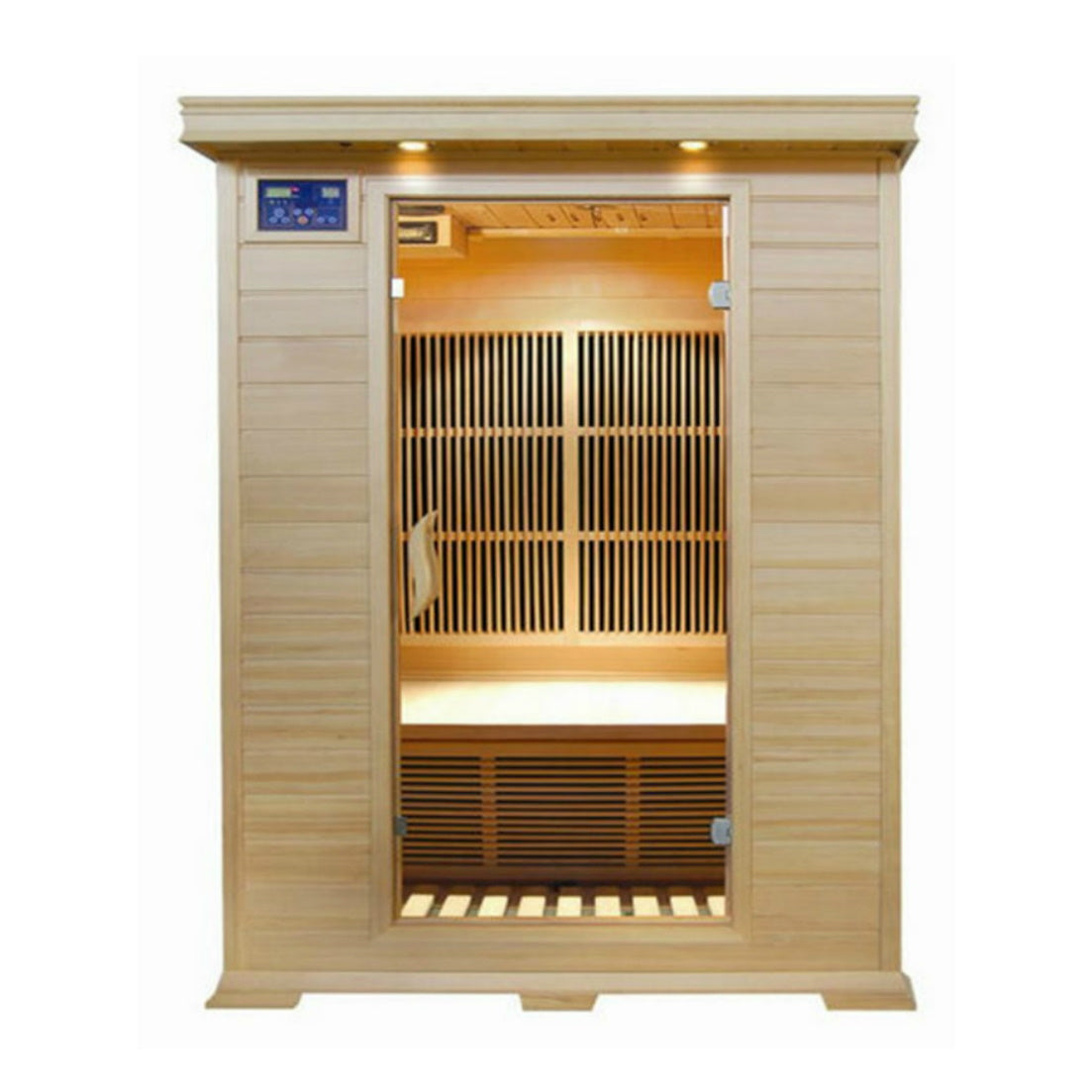 SunRay Evansport 2-Person Indoor Infrared Sauna - Natural Canadian Hemlock with glass door, 7 infrared carbon nano heaters, Dual LED control panels, Recessed exterior lighting - HL200K2