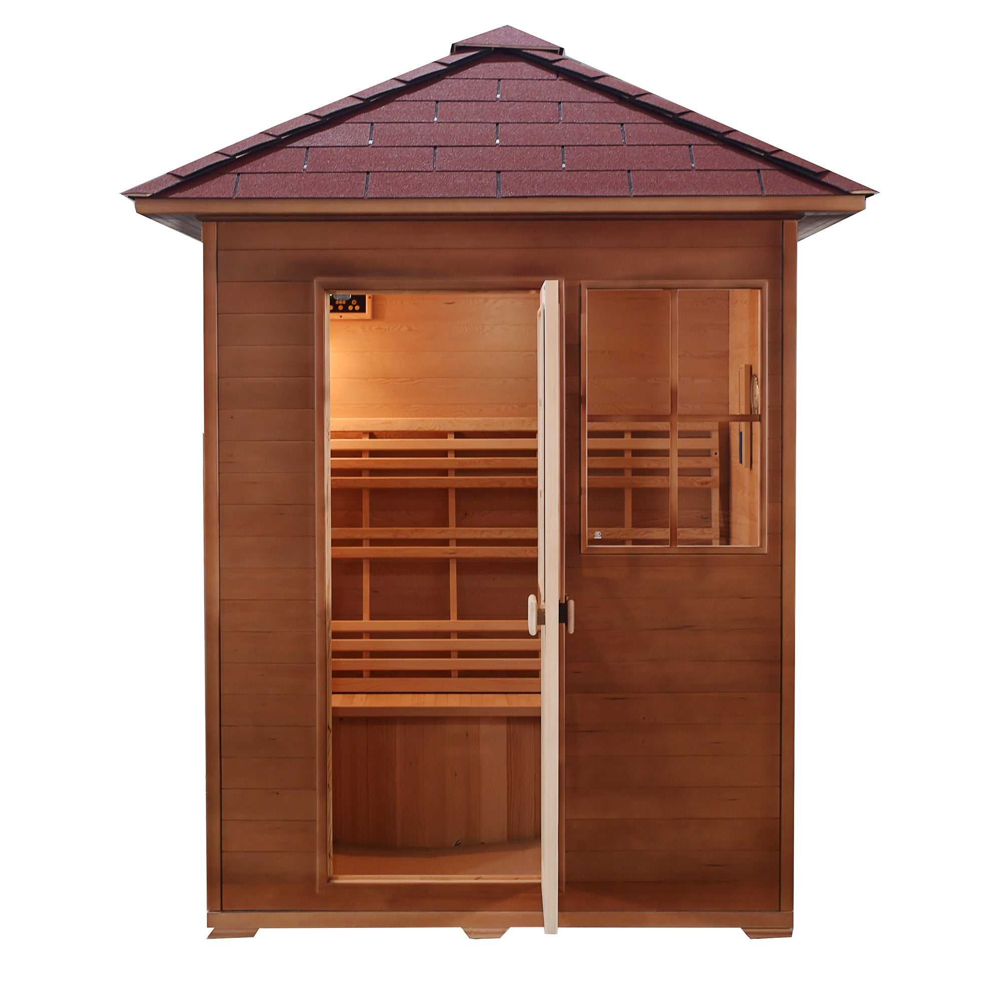 SunRay Freeport 3-Person Outdoor Traditional Sauna - Canadian hemlock wood with shingled roof, front window and glass enclosed door - HL300D1 Freeport - Isometric view