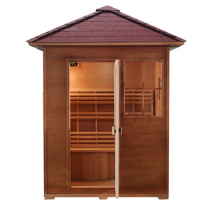 SunRay Freeport 3-Person Outdoor Traditional Sauna - Canadian hemlock wood with shingled roof, front window and glass enclosed door - HL300D1 Freeport - Open door, Front view