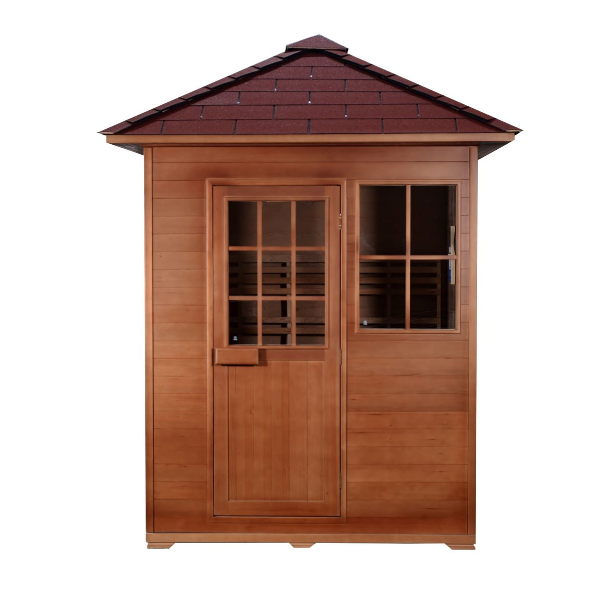SunRay Freeport 3-Person Outdoor Traditional Sauna - Canadian hemlock wood with shingled roof, front window and glass enclosed door - HL300D1 Freeport - Close door, Front view
