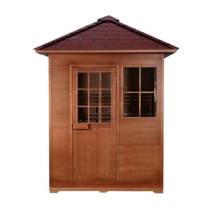 SunRay Freeport 3-Person Outdoor Traditional Sauna - Canadian hemlock wood with shingled roof, front window and glass enclosed door - HL300D1 Freeport - Close door, Front view