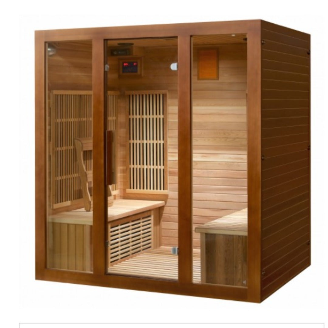 SunRay Roslyn 4-Person Indoor Infrared Sauna - Natural Canadian Red Cedar with glass door, side-by-side seating, 10 infrared carbon nano heaters, ergonomic backrests, Dual LED control panels - HL400KS-Side Bench