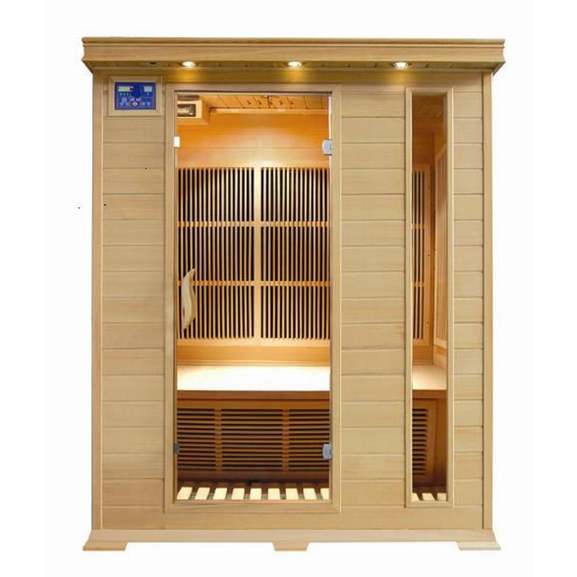 SunRay Sauna 3 Person Aspen FAR Infrared Sauna - Natural Canadian Hemlock wood with glass door, 8 carbon nano heaters, Dual LED control panels, Recessed Interior & Exterior lighting - HL300K2