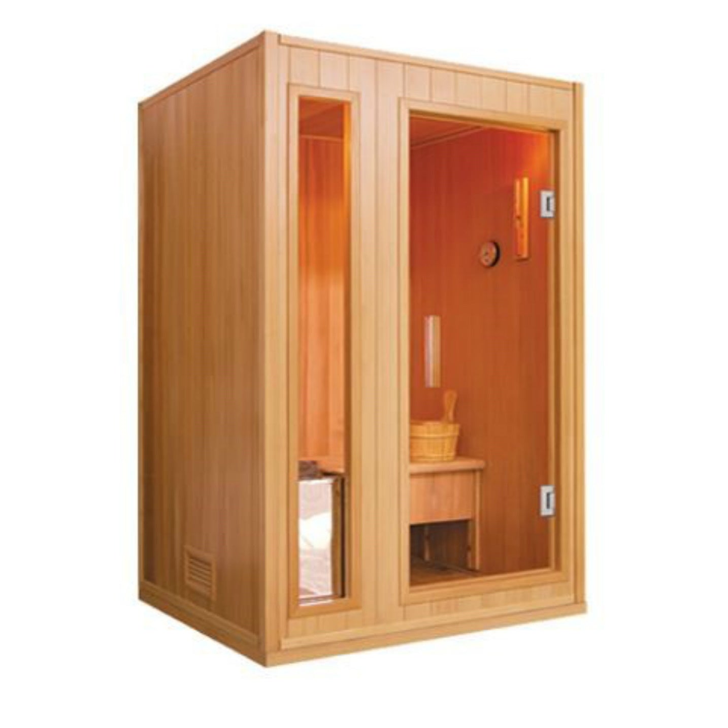 SunRay Sauna Baldwin 2 Person Traditional Sauna - Canadian Hemlock Construction with tempered glass door, Hygrometer/Sand Timer, Cask and Spoon - Isometric view - HL200SN