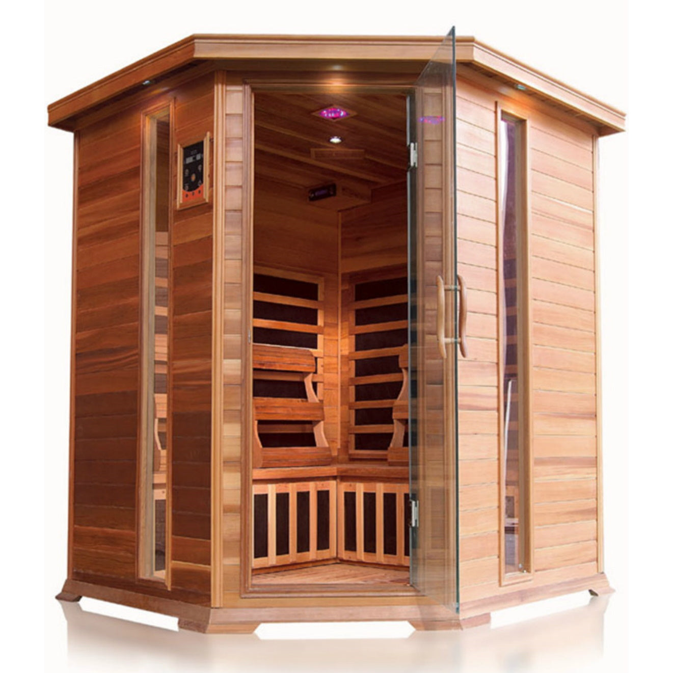 SunRay Sauna 4 Person Bristol Bay FAR Infrared Corner Sauna - Natural Canadian Red Cedar Wood with glass door, 10 carbon-nano heaters, Dual LED control panels, Recessed exterior lighting, LED Reading Lamp, Ergonomic Backrest - HL400KC