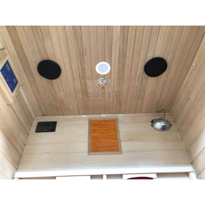 SunRay Sauna Burlington 2 Person Outdoor Sauna - with recessed interior lighting, Bluetooth speakers, LED Control Panel, Adjustable vents, Reading lamp, oxygen ionizer - Inside view