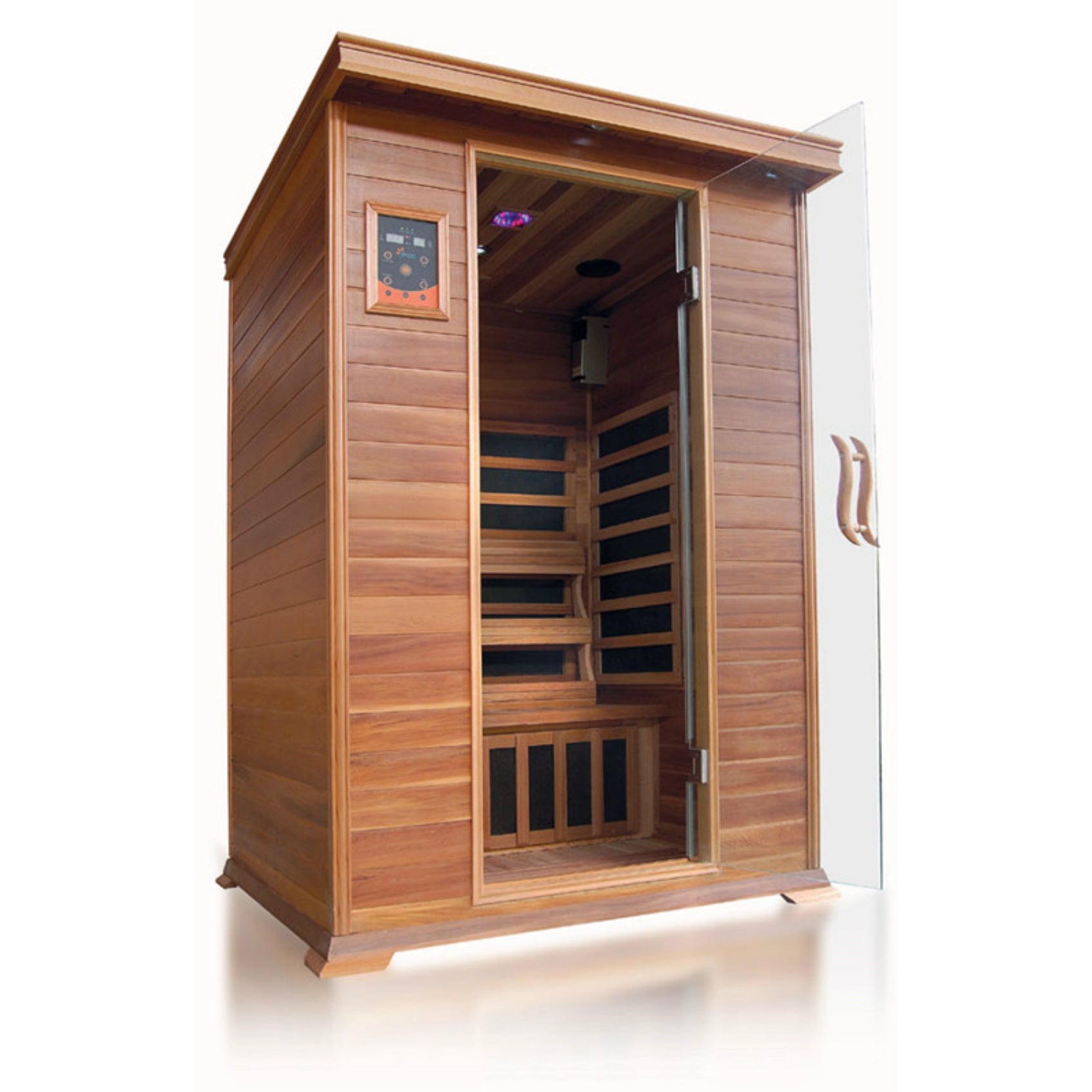 SunRay Sierra 2-Person Indoor Infrared Sauna - Natural Canadian Red Cedar with glass door, 7 infrared carbon nano heaters, Dual LED control panels, Recessed exterior lighting, chromatherapy mood lighting, ergonomic backrests - 200K