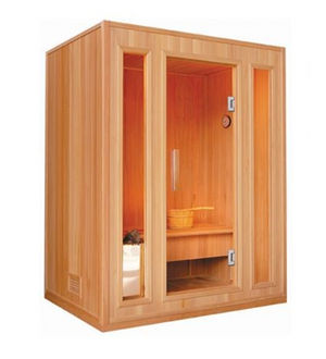 SunRay Southport 3 Person Traditional Sauna - Natural Canadian Hemlock wood with Tempered Glass, 3.5 kW Harvia heater, Cask and spoon - Isometric view - 300SN