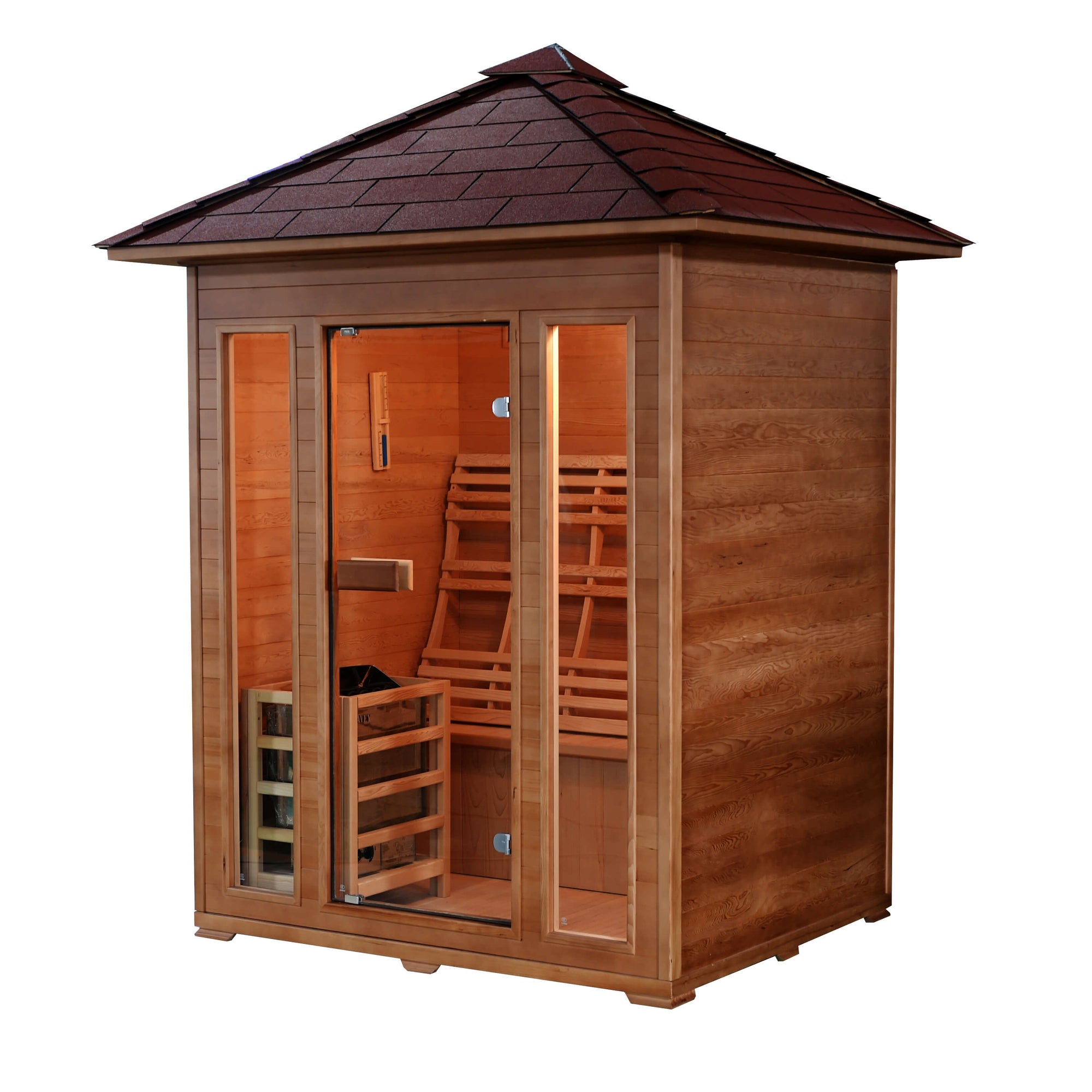 SunRay Waverly 3-Person Outdoor Traditional Sauna - Shingled roof with glass door, rear bench seat, 4.5 kW Heater with Rocks - HL300D2 Waverly - Isometric view
