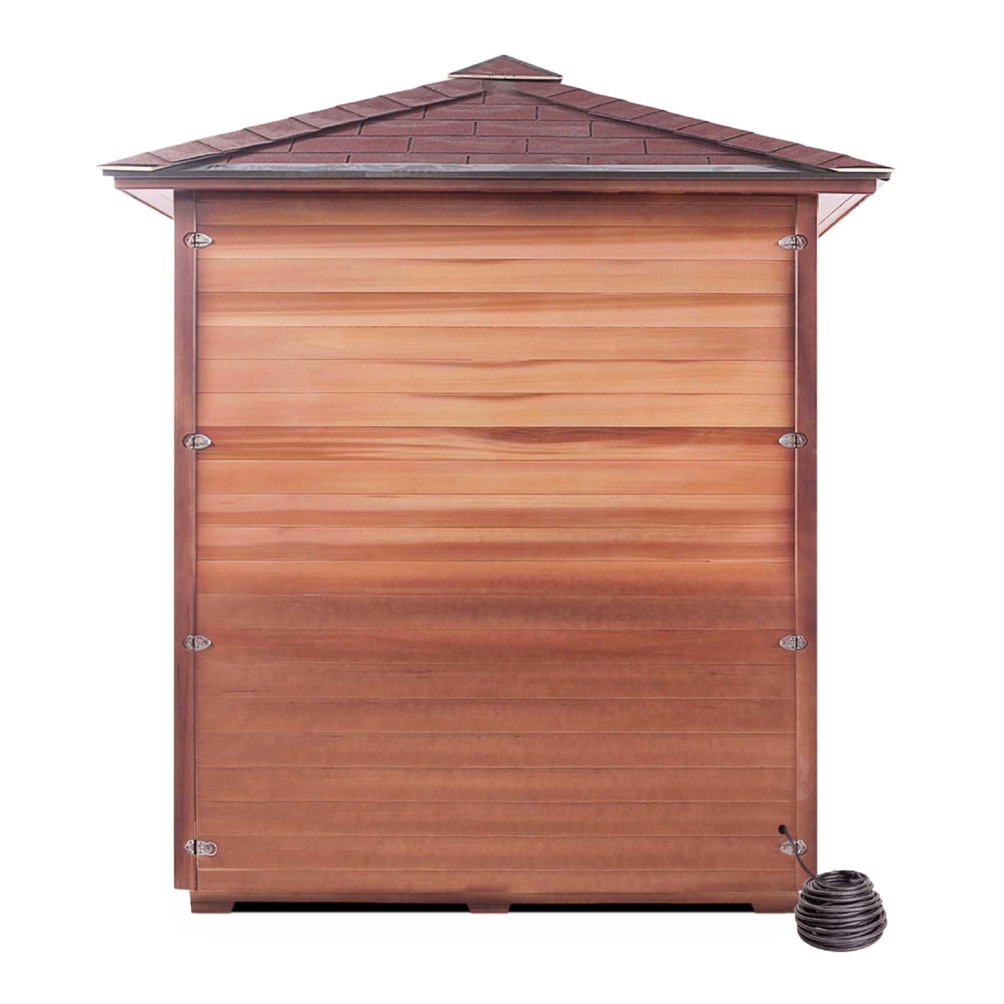 Enlighten Sauna Dry traditional SunRise Outdoor Canadian Red Cedar Wood Outside And Inside Peak Roofed with glass door and windows four person sauna front view
