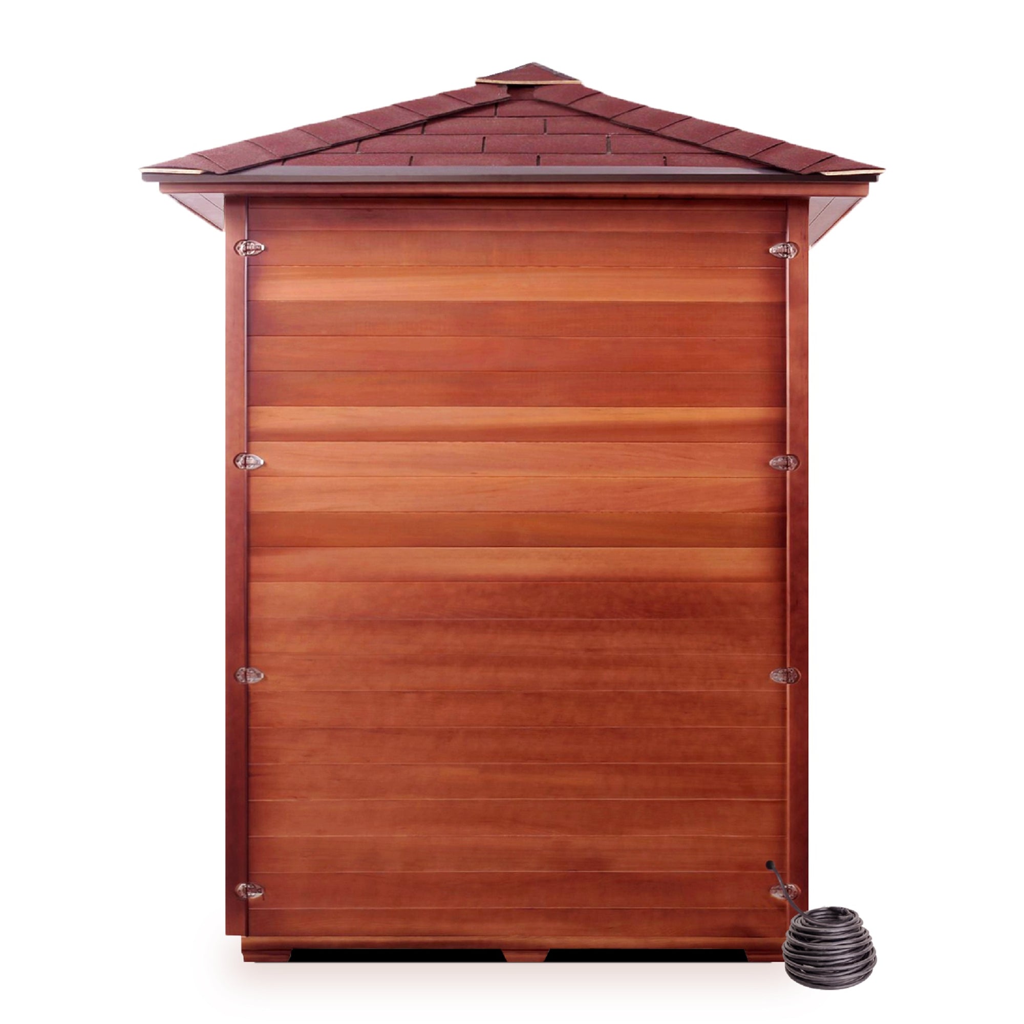 Enlighten Sauna Dry traditional SunRise Outdoor Canadian Red Cedar Wood Outside And Inside Peak Roofed four person corner location sauna with glass door front view