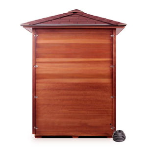 Enlighten Sauna Dry traditional SunRise Outdoor Canadian Red Cedar Wood Outside And Inside Peak Roofed four person corner location sauna  rear view