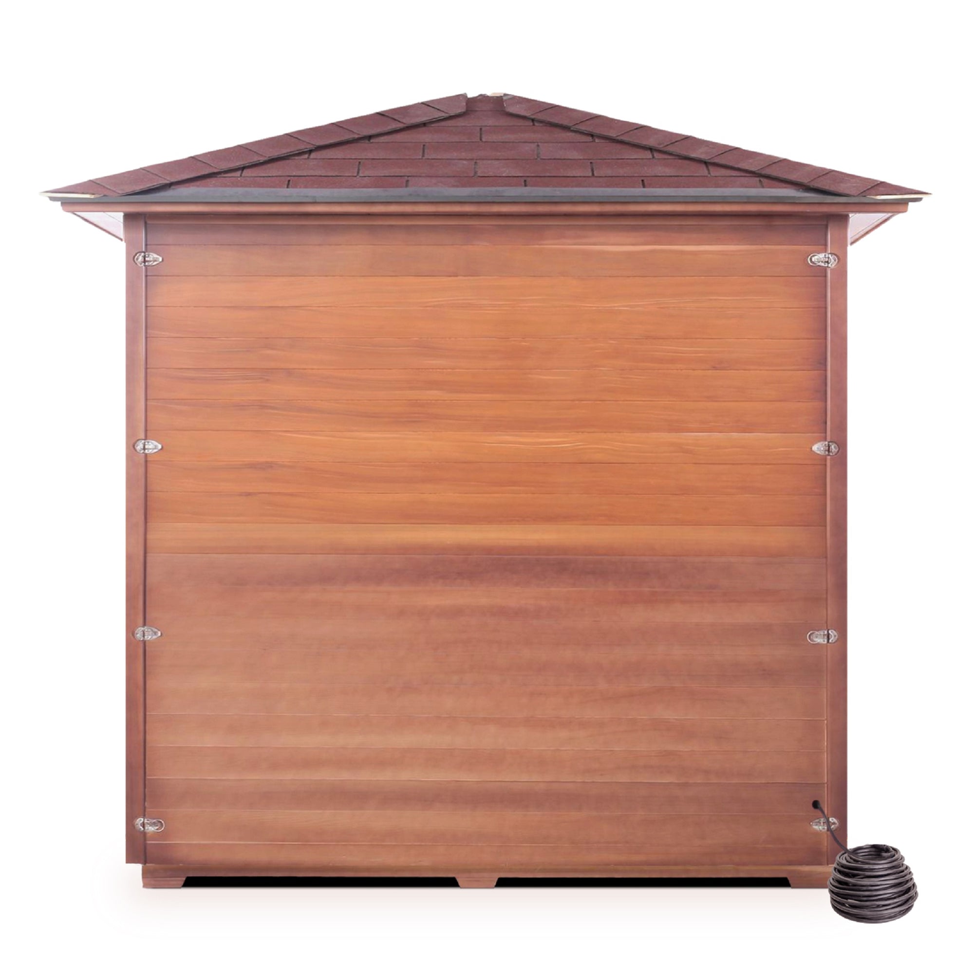 Enlighten Sauna Dry traditional SunRise Outdoor Canadian Red Cedar Wood Outside And Inside Peak Roofed with glass door and windows five person sauna front view