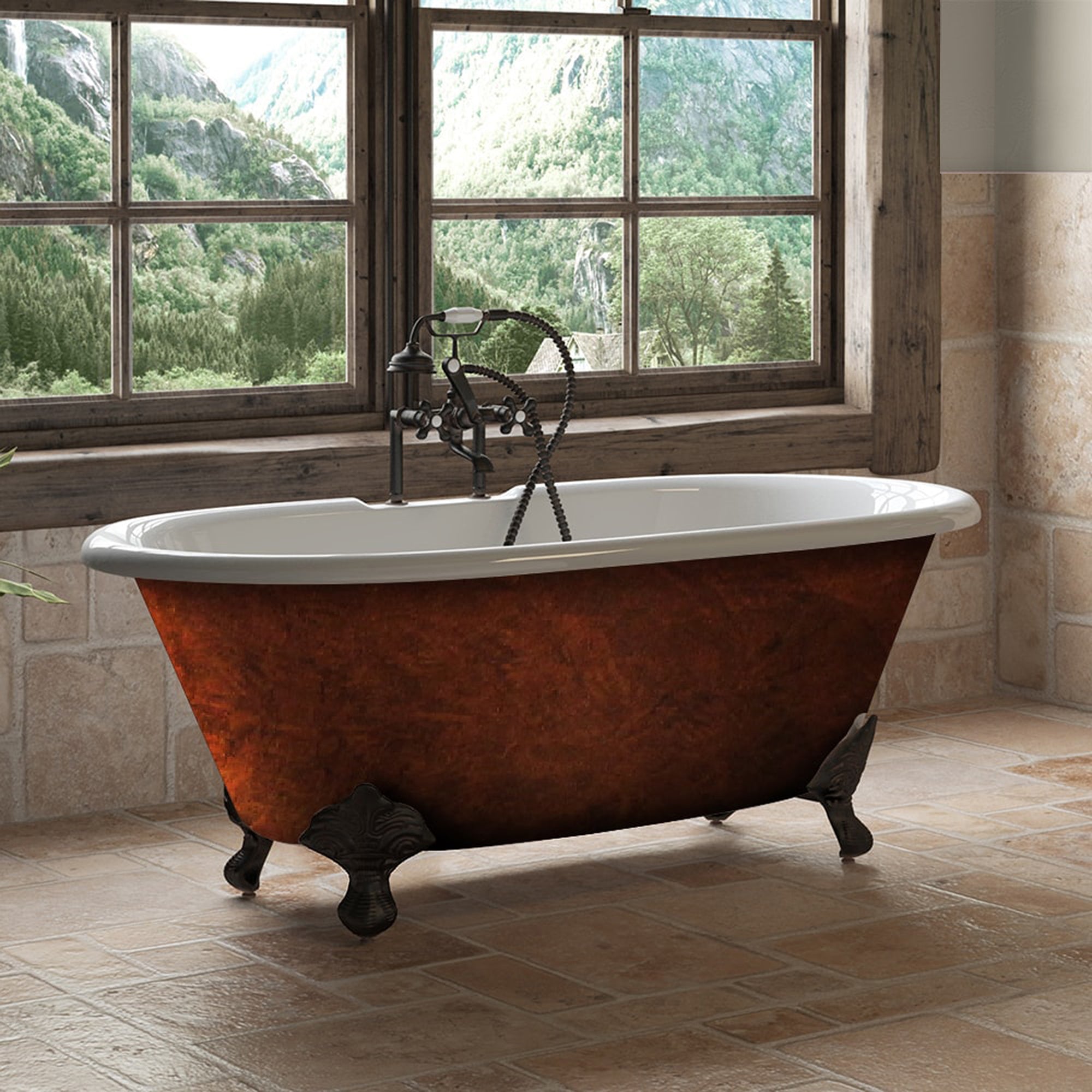 Cambridge Plumbing 70”x30" Faux Copper Bronze Finish on Exterior Cast Iron Clawfoot Bathtub (Hand Painted Faux Copper Bronze Finish)  with 7" Deck Mount Faucet Drillings and Oil Rubbed Bronze Feet DE60-DH-ORB-CB - Vital Hydrotherapy