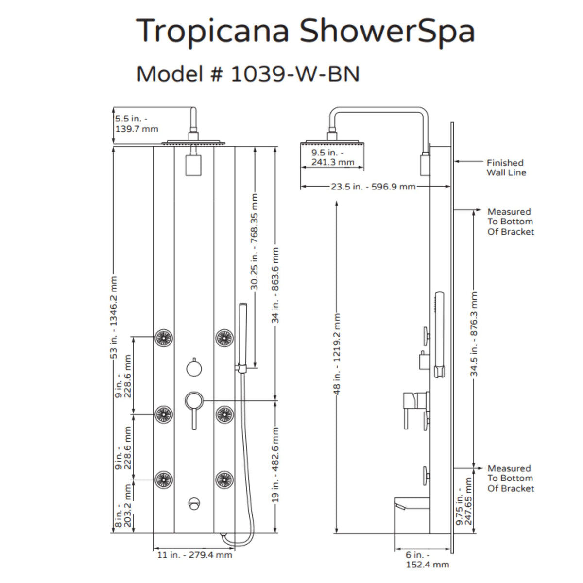 PULSE ShowerSpas Seafoam Glass Shower Panel - Tropicana ShowerSpa 1039W-BN Specification Drawing - Vital Hydrotherapy