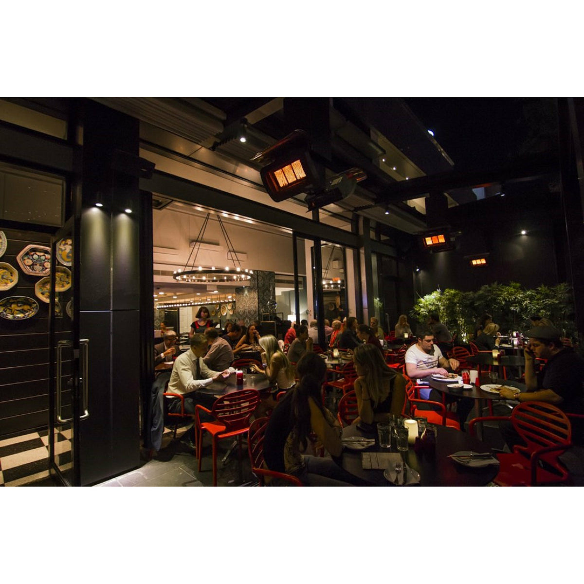 Tungsten 300 Smart-Heat Liquid Propane Gas Heater Stainless Steel i-beam mounted set outside the cafeteria