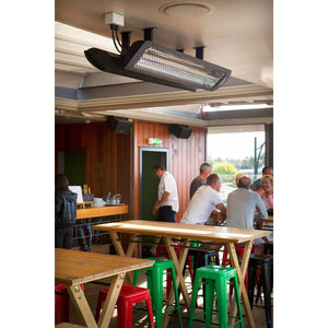 3000W Tungsten smart-heat electric patio heater in black stainless steel, black high temperature coating mounted in ceiling of a cafeteria