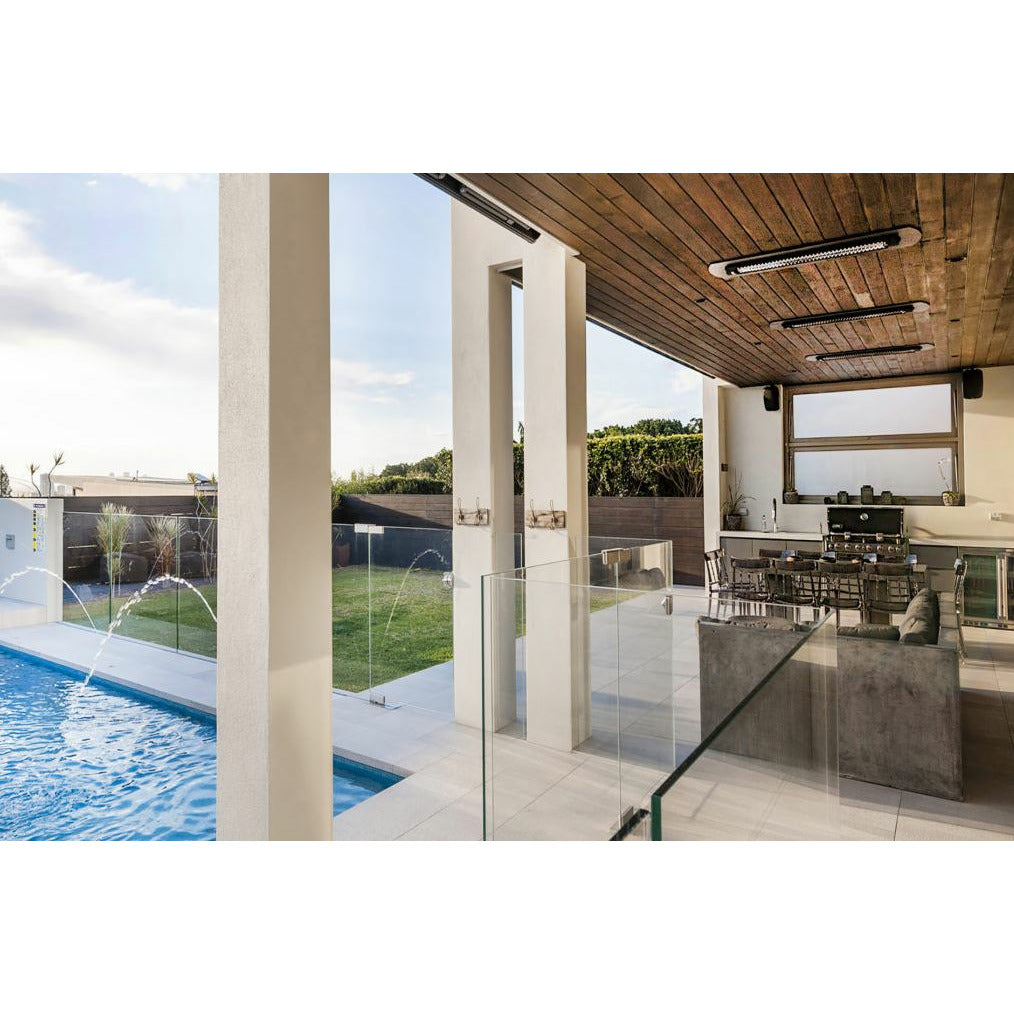 3000W Tungsten smart-heat electric patio heater in black stainless steel, black high temperature coating mounted in ceiling in a dining area