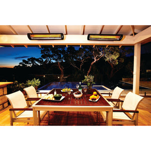 3000W Tungsten smart-heat electric patio heater in black stainless steel, black high temperature coating mounted in ceiling of a dining area