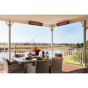 3000W Tungsten smart-heat electric patio heater in black stainless steel, black high temperature coating mounted in ceiling in a dining area