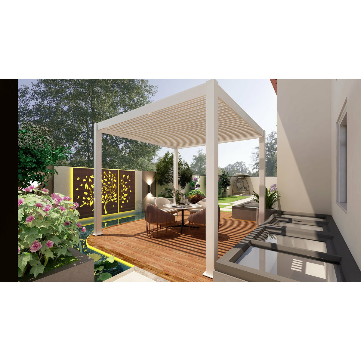 Bon Pergola Motorized Aluminum 10'x13' Villa Pergola VP-DIY-3425 - White - Lifestyle setting - Vital Hydrotherapy 