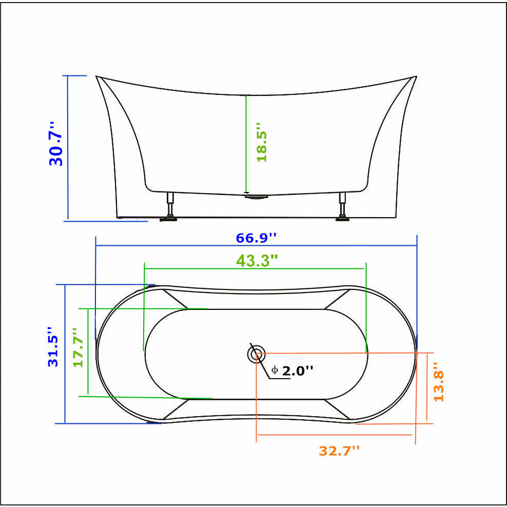 Legion Furniture 67" White Acrylic Double Slipper Freestanding Bathtub WE6805 Specification Drawing - Vital Hydrotherapy