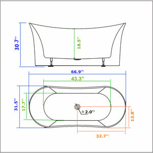 Legion Furniture 67" White Acrylic Double Slipper Freestanding Bathtub WE6805 Specification Drawing - Vital Hydrotherapy