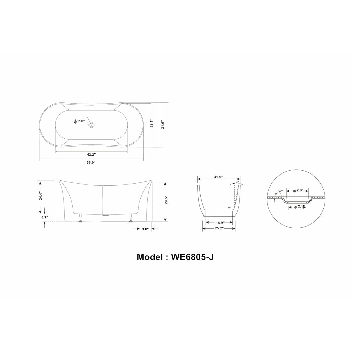 Legion Furniture 67" White Acrylic Double Slipper Freestanding Bathtub WE6805 Specification Drawing - Vital Hydrotherapy