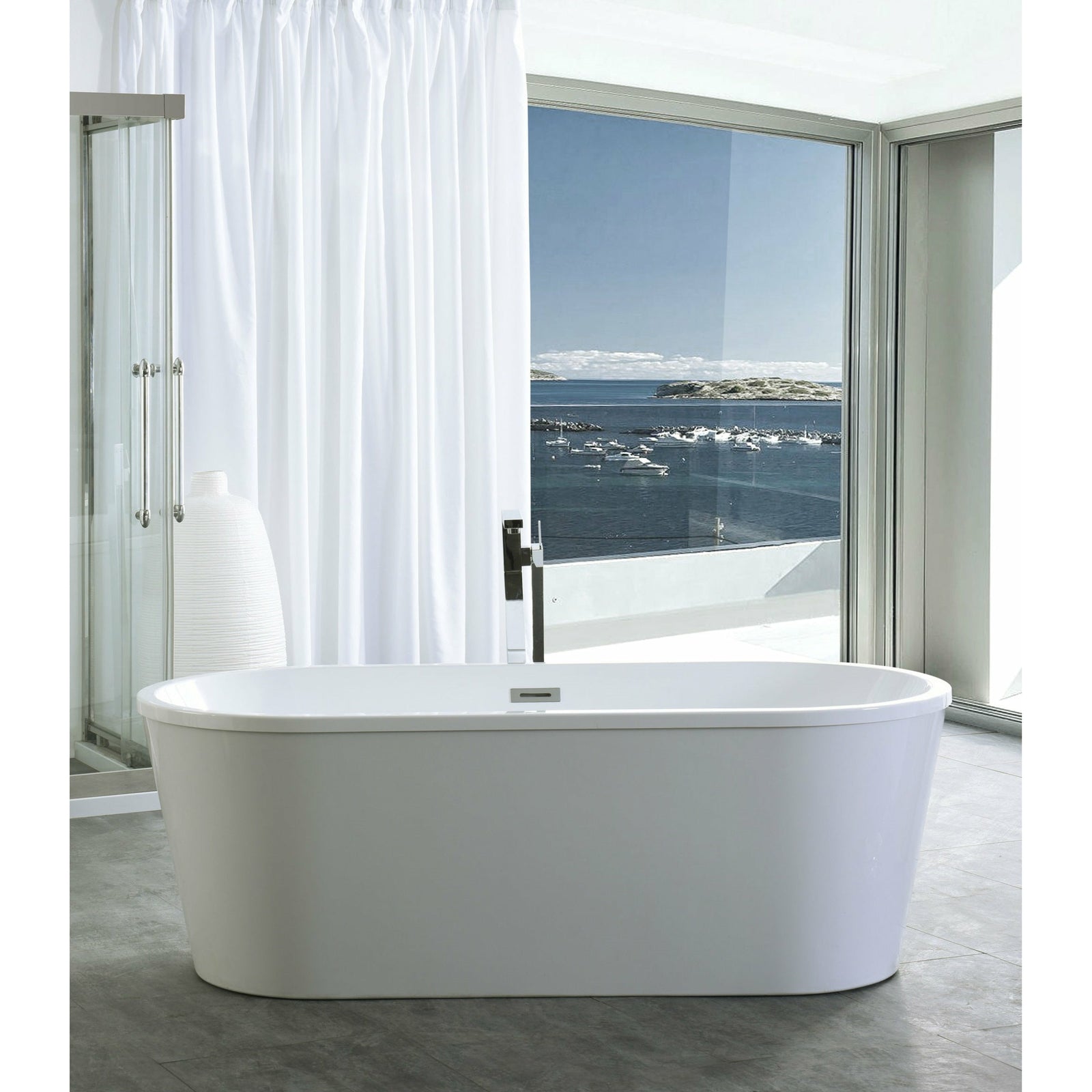 Legion Furniture 67.3" Double Ended Freestanding Soaking White Acrylic Tub - Soft Curves - with Overflow drain - Faucet: Not included - Lifestyle setting - Front view - WE6815-L - Vital Hydrotherapy