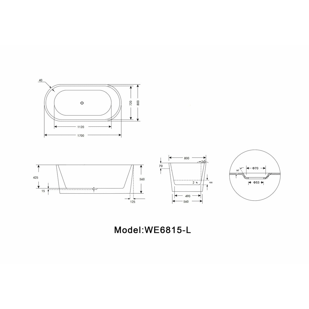 Legion Furniture WE6815-L 67.3" Double Ended Freestanding Soaking White Acrylic Tub WE6815-L Specification Drawing - Vital Hydrotherapy